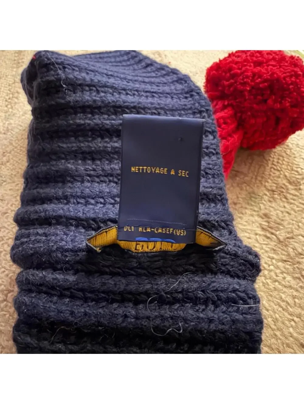 Polo Ralph Lauren Navy and Red knit beanie hat w pom pom and logo. NWOT